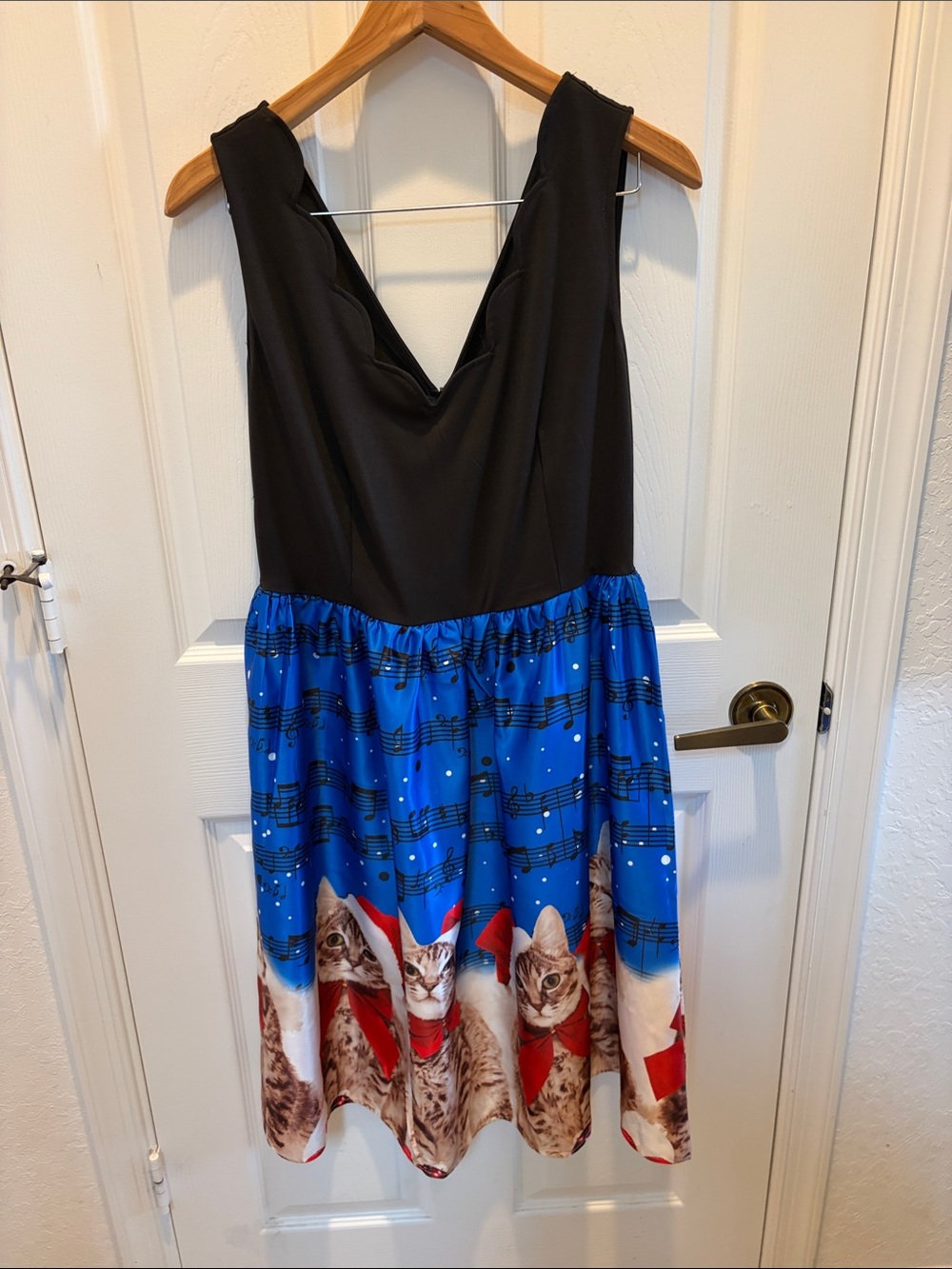 Black Top Blue Cat Print Skater Dress